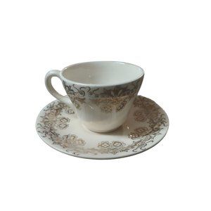 Vintage Warranted 22 Karat Gold Small Teacup & Saucer Floral Ribbon Print White